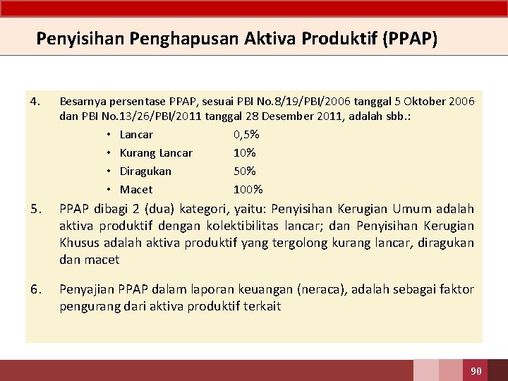 Penyisihan Penghapusan Aktiva Produktif (PPAP) 4. Besarnya persentase PPAP, sesuai PBI No. 8/19/PBI/2006 tanggal