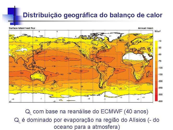 Distribuição geográfica do balanço de calor QL com base na reanálise do ECMWF (40