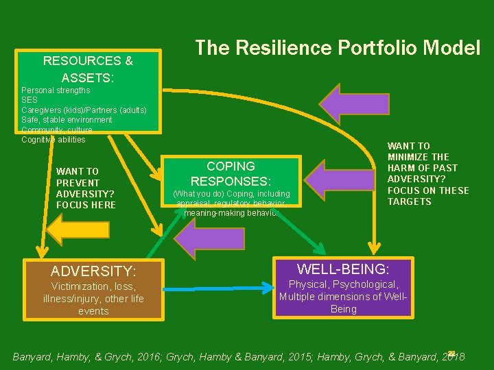 RESOURCES & ASSETS: The Resilience Portfolio Model Personal strengths SES Caregivers (kids)/Partners (adults) Safe,