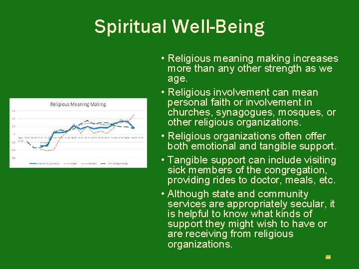 Spiritual Well-Being • Religious meaning making increases more than any other strength as we