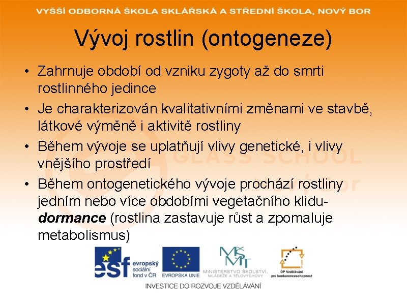 Vývoj rostlin (ontogeneze) • Zahrnuje období od vzniku zygoty až do smrti rostlinného jedince