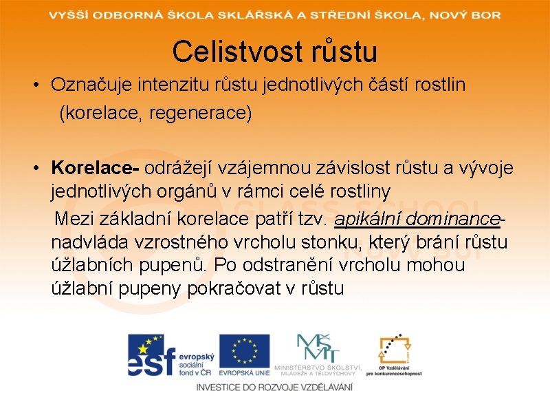 Celistvost růstu • Označuje intenzitu růstu jednotlivých částí rostlin (korelace, regenerace) • Korelace- odrážejí