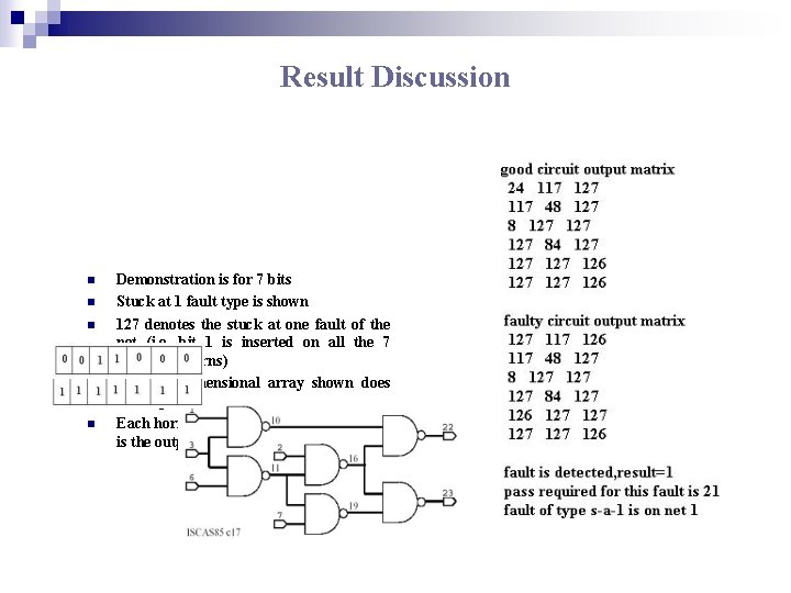 Result Discussion n n Demonstration is for 7 bits Stuck at 1 fault type Result Discussion n n Demonstration is for 7 bits Stuck at 1 fault type