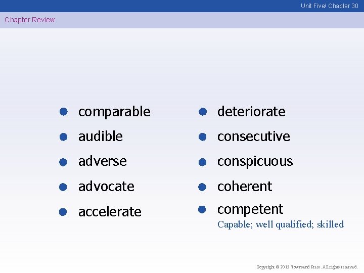 Unit Five/ Chapter 30 Chapter Review comparable deteriorate audible consecutive adverse conspicuous advocate coherent