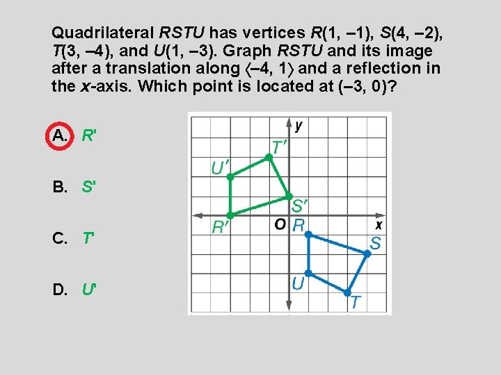 Quadrilateral RSTU has vertices R(1, – 1), S(4, – 2), T(3, – 4), and