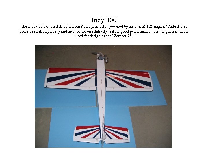 Indy 400 The Indy 400 was scratch-built from AMA plans. It is powered by