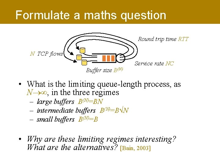 Formulate a maths question Round trip time RTT N TCP flows Service rate NC