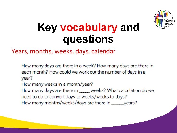 Key vocabulary and questions Years, months, weeks, days, calendar 
