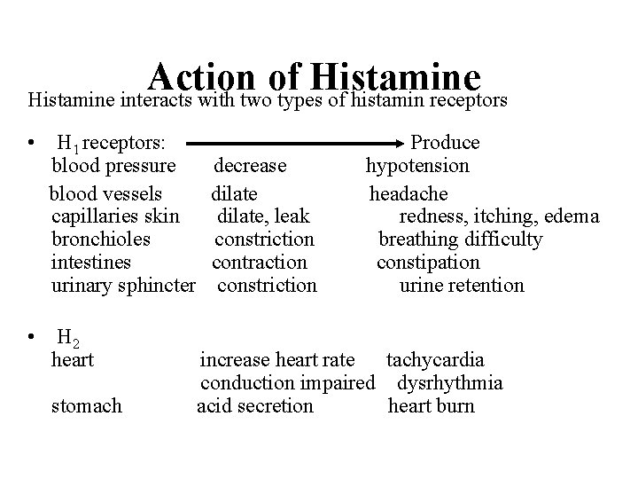 Action of Histamine interacts with two types of histamin receptors • H 1 receptors: