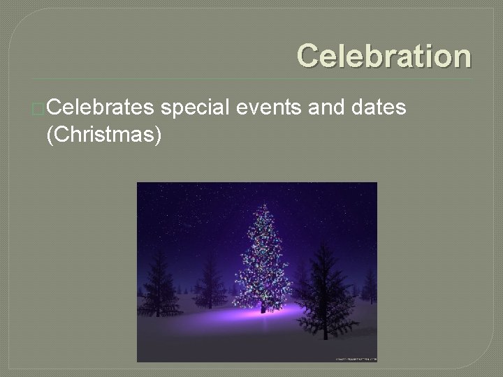 Celebration �Celebrates special events and dates (Christmas) 