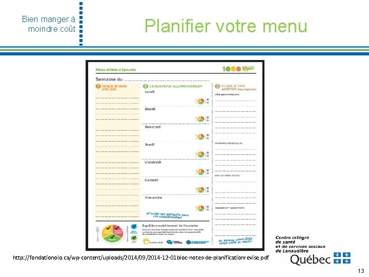 Bien manger à moindre coût Planifier votre menu http: //fondationolo. ca/wp-content/uploads/2014/09/2014 -12 -01 bloc-notes-de-planificationrevise.