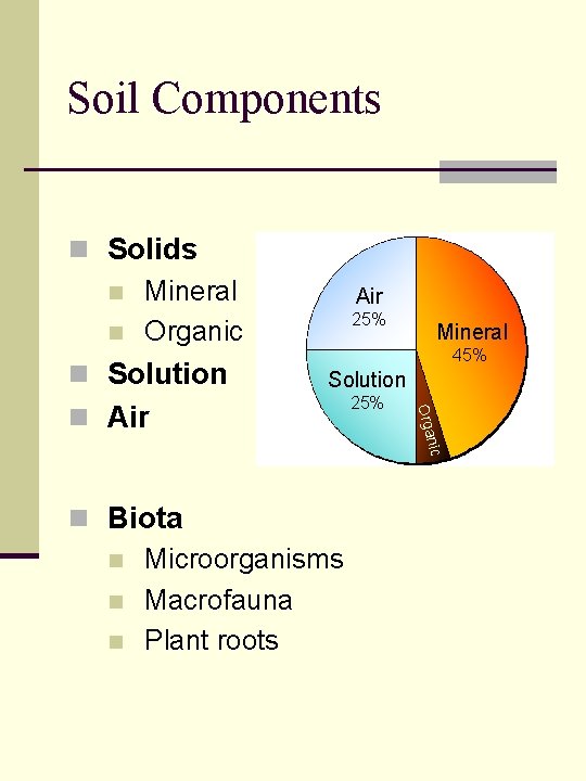 Soil Components n Solids n Mineral n Organic n Solution Air 25% Mineral 45%