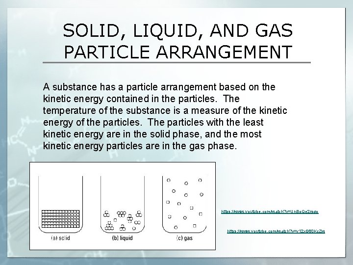 SOLID, LIQUID, AND GAS PARTICLE ARRANGEMENT A substance has a particle arrangement based on