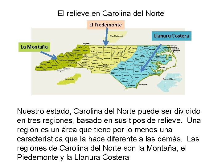 El relieve en Carolina del Norte El Piedemonte Llanura Costera La Montaña Nuestro estado,