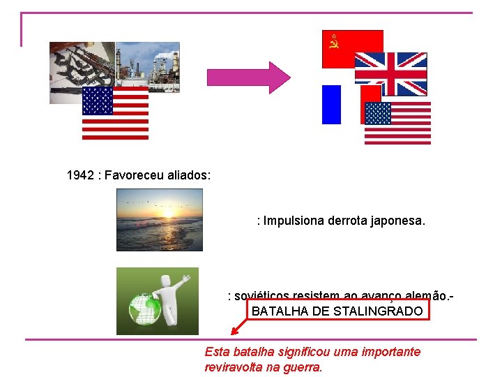 1942 : Favoreceu aliados: : Impulsiona derrota japonesa. : soviéticos resistem ao avanço alemão.