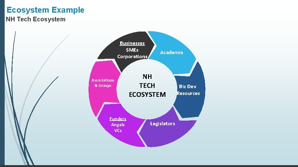 Ecosystem Example NH Tech Ecosystem Businesses SMEs Corporations Associations & Groups Funders Angels VCs