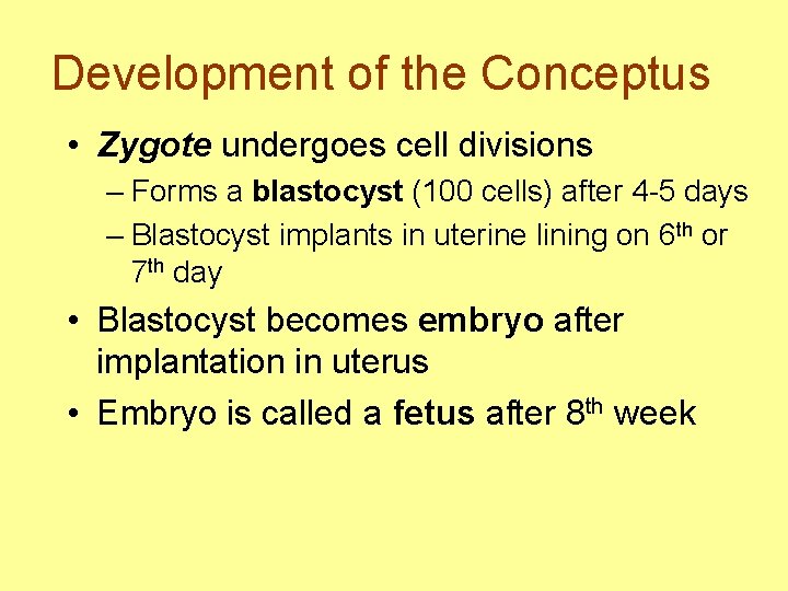 Development of the Conceptus • Zygote undergoes cell divisions – Forms a blastocyst (100