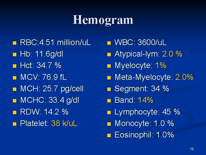 Hemogram n n n n RBC: 4. 51 million/u. L Hb: 11. 6 g/dl