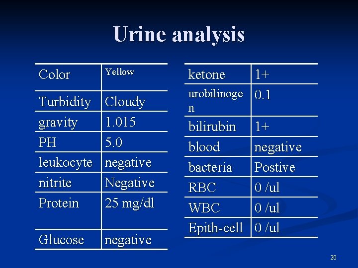 Urine analysis Color Yellow Turbidity gravity PH leukocyte nitrite Protein Cloudy 1. 015 5.