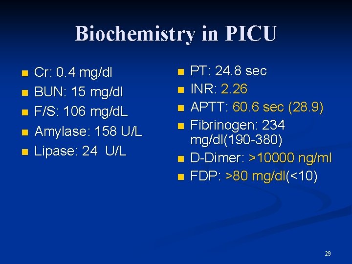 Biochemistry in PICU n n n Cr: 0. 4 mg/dl BUN: 15 mg/dl F/S: