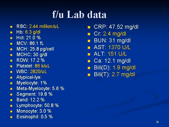 f/u Lab data n n n n n RBC: 2. 44 million/u. L Hb: