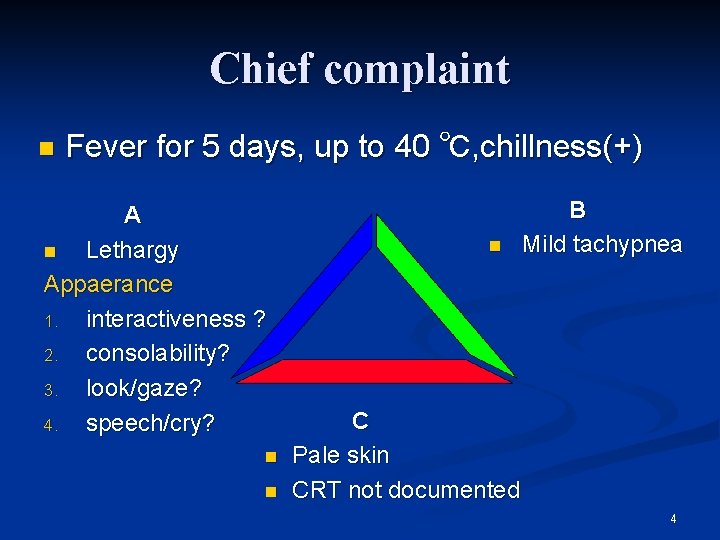 Chief complaint n Fever for 5 days, up to 40 ℃, chillness(+) A n