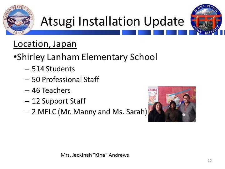 Atsugi Installation Update Atsugi, Japan • Shirley Lanham Elementary School – 514 Students –