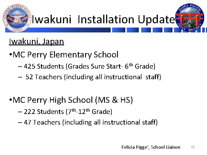 Iwakuni Installation Update Iwakuni, Japan • MC Perry Elementary School – 425 Students (Grades