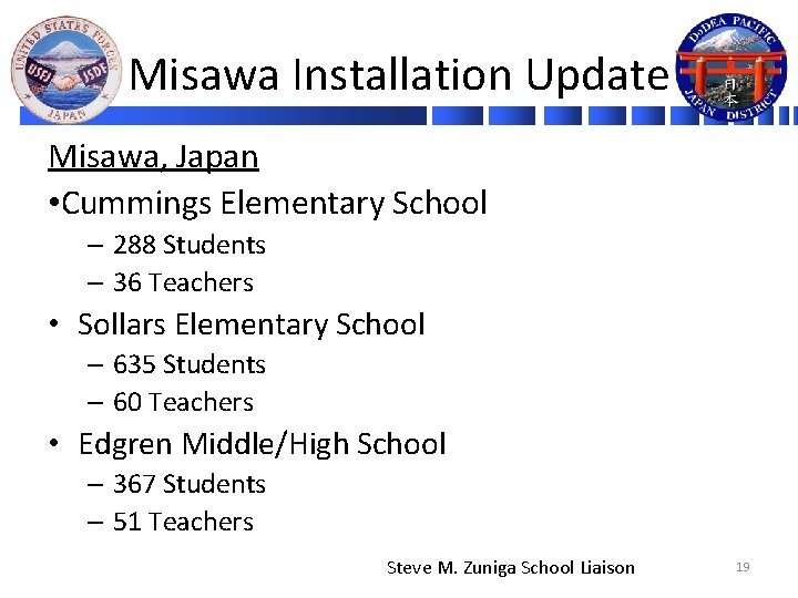 Misawa Installation Update Misawa, Japan • Cummings Elementary School – 288 Students – 36