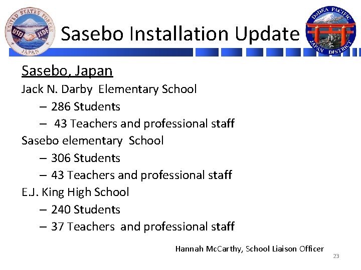 Sasebo Installation Update Sasebo, Japan Jack N. Darby Elementary School – 286 Students –