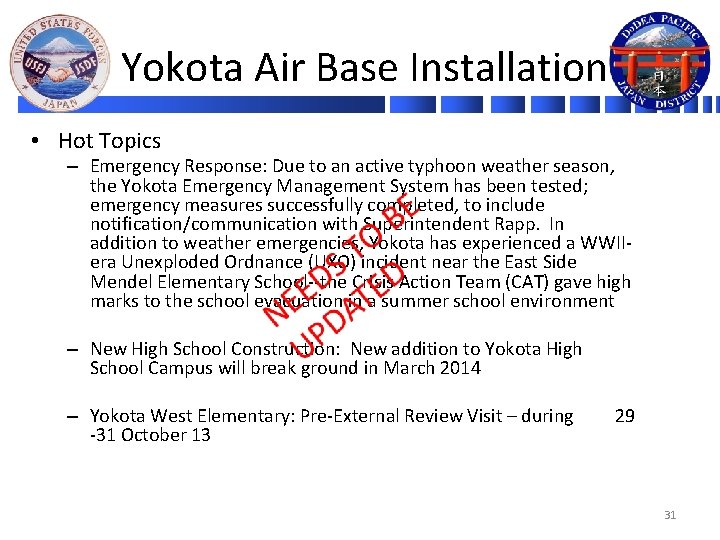  Yokota Air Base Installation • Hot Topics – Emergency Response: Due to an