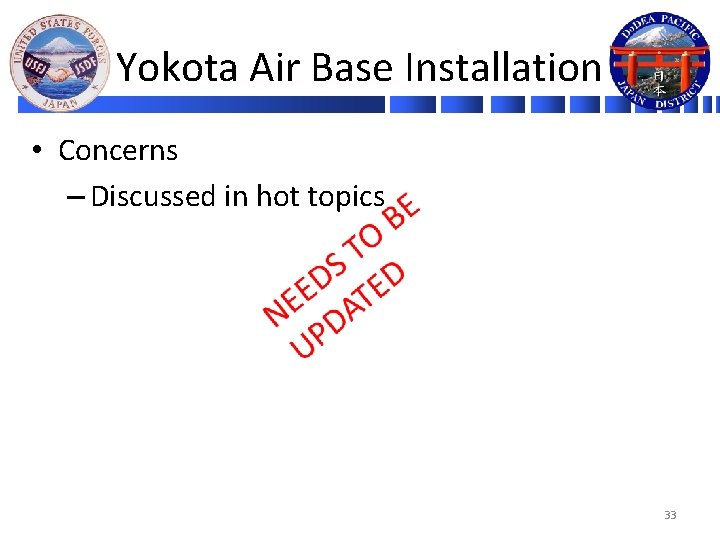 Yokota Air Base Installation • Concerns – Discussed in hot topics 33 