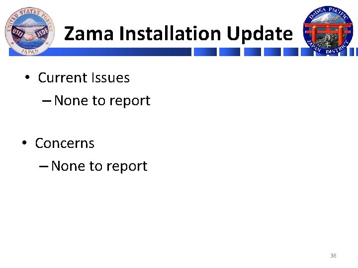 Zama Installation Update • Current Issues – None to report • Concerns – None