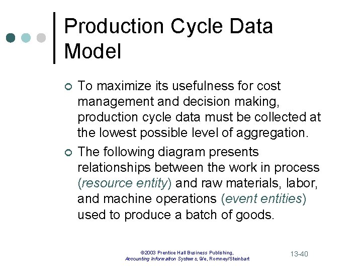 Production Cycle Data Model ¢ ¢ To maximize its usefulness for cost management and