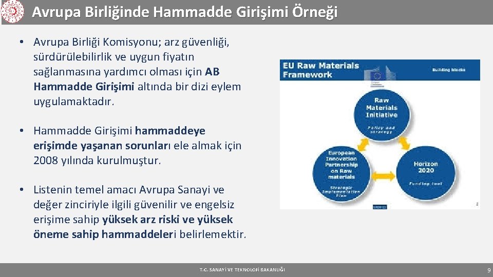 Avrupa Birliğinde Hammadde Girişimi Örneği • Avrupa Birliği Komisyonu; arz güvenliği, sürdürülebilirlik ve uygun