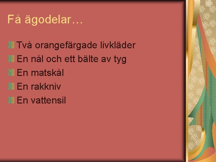 Få ägodelar… Två orangefärgade livkläder En nål och ett bälte av tyg En matskål