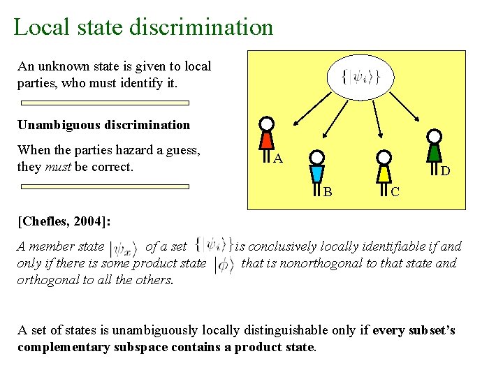 Local state discrimination An unknown state is given to local parties, who must identify