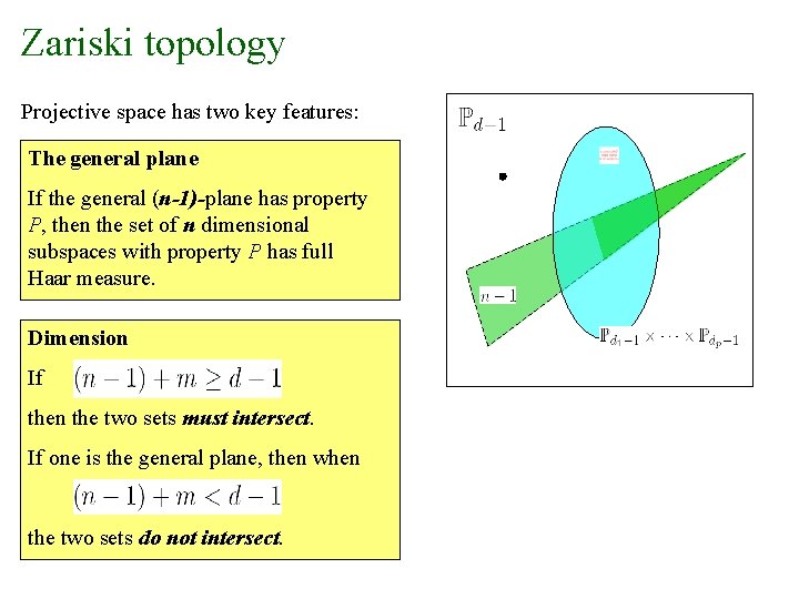 Zariski topology Projective space has two key features: The general plane If the general