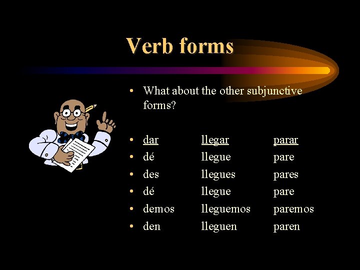 Verb forms • What about the other subjunctive forms? • • • dar dé