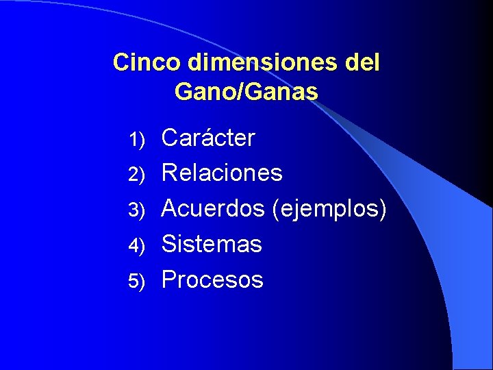 Cinco dimensiones del Gano/Ganas 1) 2) 3) 4) 5) Carácter Relaciones Acuerdos (ejemplos) Sistemas