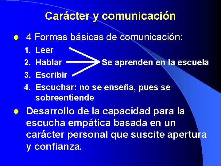 Carácter y comunicación l 4 Formas básicas de comunicación: 1. Leer 2. Hablar Se