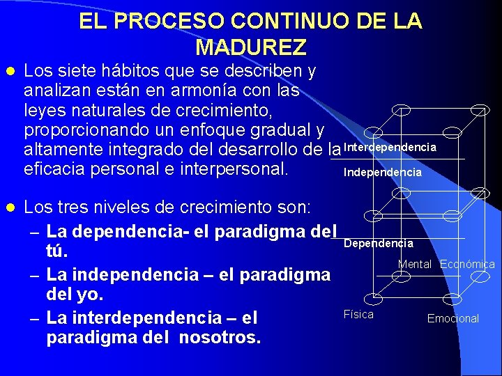 EL PROCESO CONTINUO DE LA MADUREZ l Los siete hábitos que se describen y