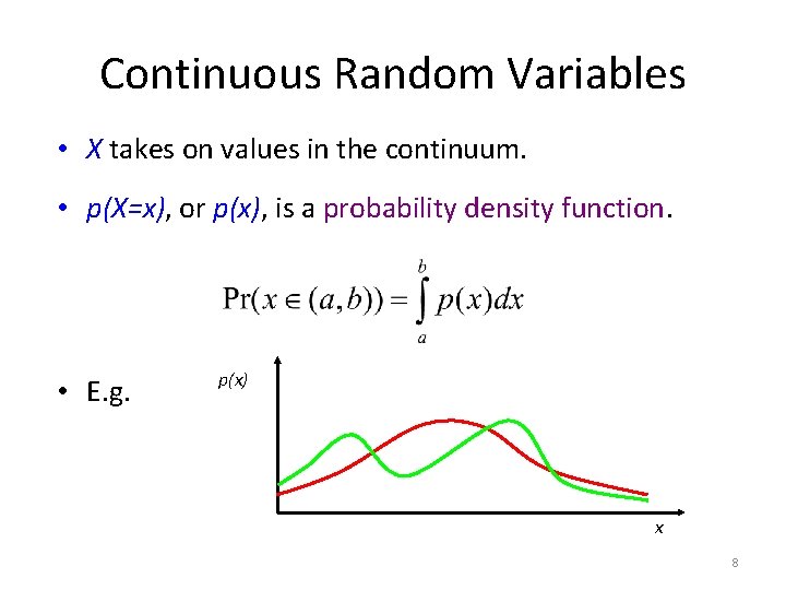 Continuous Random Variables • X takes on values in the continuum. • p(X=x), or
