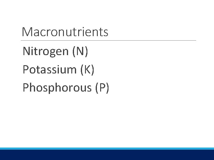 Macronutrients Nitrogen (N) Potassium (K) Phosphorous (P) 