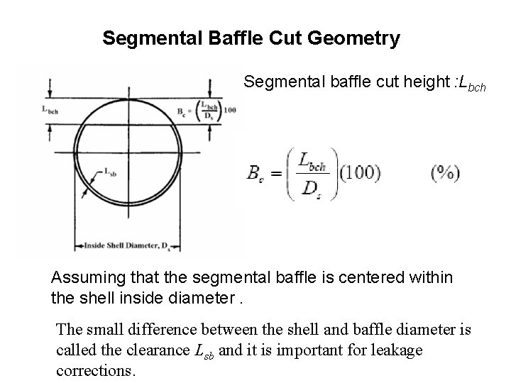 Segmental Baffle Cut Geometry Segmental baffle cut height : Lbch Assuming that the segmental