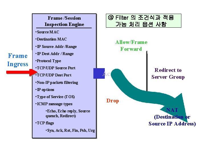 Frame /Session Inspection Engine @ Filter 의 조건식과 적용 가능 처리 옵션 사항 •