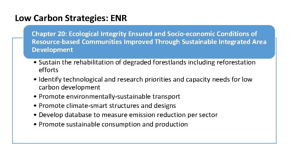 Low Carbon Strategies: ENR Chapter 20: Ecological Integrity Ensured and Socio-economic Conditions of Resource-based