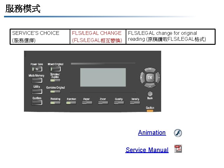 服務模式 SERVICE’S CHOICE (服務選擇) FLS/LEGAL CHANGE (FLS/LEGAL相互替換) FLS/LEGAL change for original reading (原稿讀取FLS/LEGAL格式) Animation
