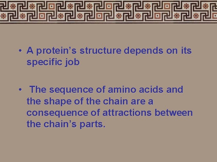  • A protein’s structure depends on its specific job • The sequence of