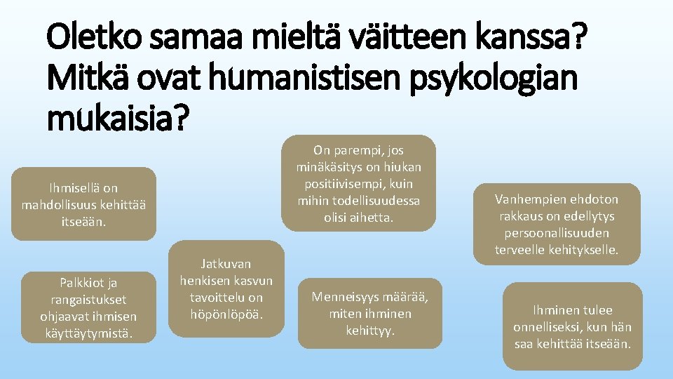 Oletko samaa mieltä väitteen kanssa? Mitkä ovat humanistisen psykologian mukaisia? On parempi, jos minäkäsitys